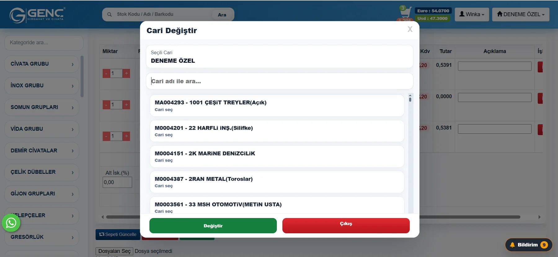 Posnet B2B cari değiştirme