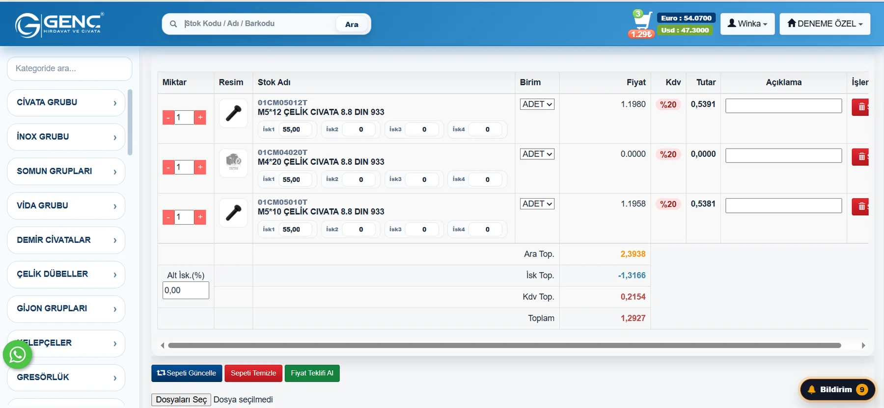 Posnet B2B sepet ve teklif