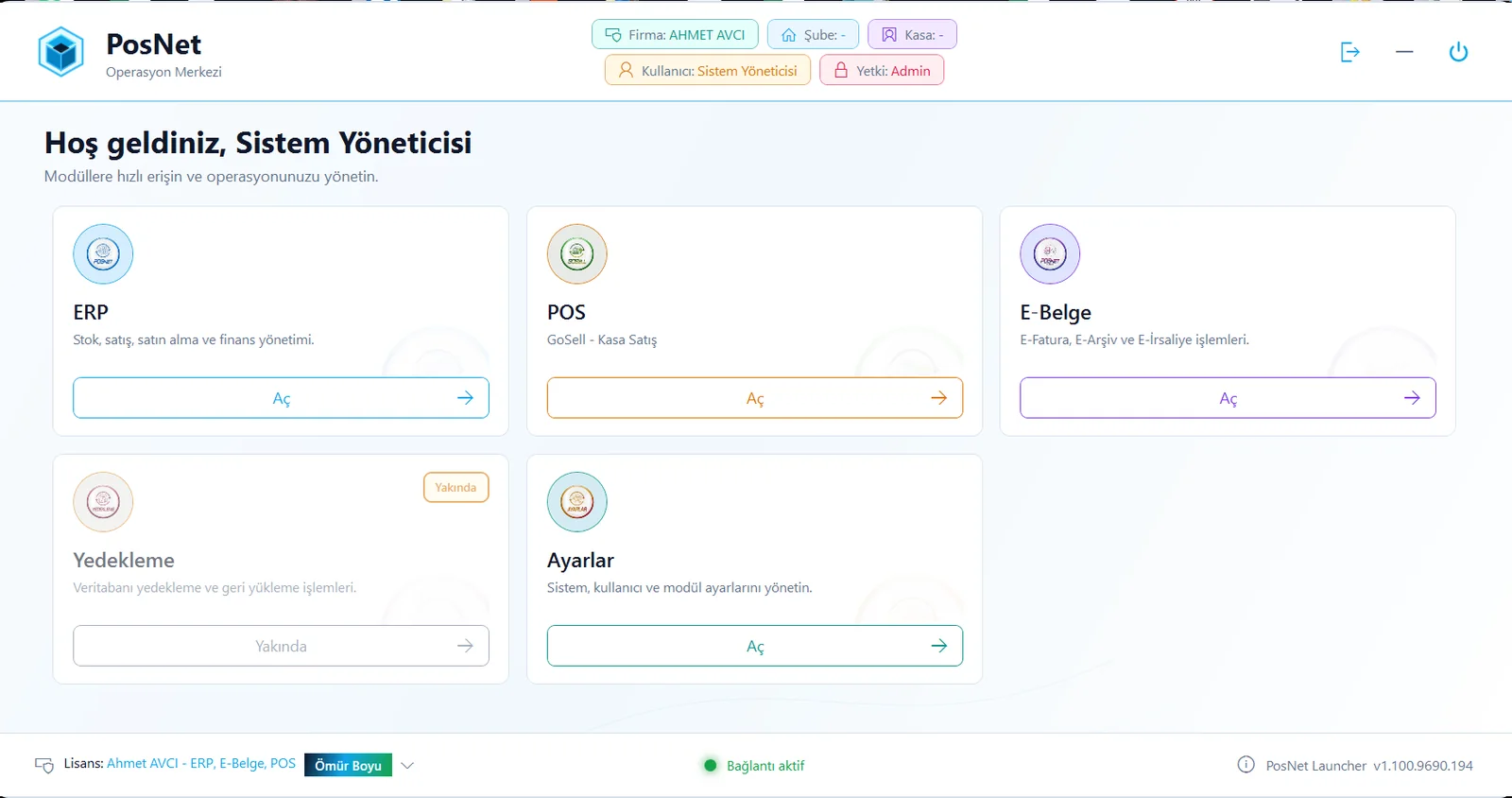 POSnet ERP ana platform ekranı